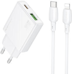 BOROFONE fali töltő BN25 Wish - USB + Type-C - PD QC 3.0 30W Type-C to Lightning kábellel fehér