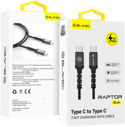 Blavec Raptor fonott kábel - Type C to Type C - PD 60W 3A 0, 25 méter (CRA-CC3BG025) fekete-szürke