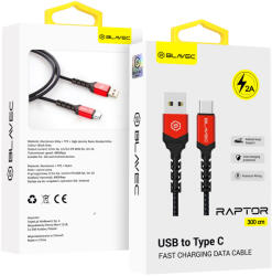 Blavec Cable Raptor fonott - USB to Type C - 2A 3 méter (CRA-UC2BR30) fekete-piros