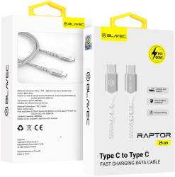 Blavec Cable Raptor fonott - Type C to Type C - PD 60W 3A 0, 25 méter (CRA-CC3WS025) fehér-ezüst