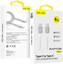 Blavec Cable Raptor fonott - Type C to Type C - PD 100W 5A 2 méter (CRA-CC5WS20) fehér-ezüst
