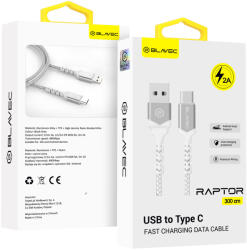 Blavec Cable Raptor fonott - USB Type-C - 2A 3 méter (CRA-UC2WS30) fehér-ezüst