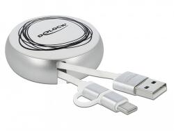 Delock USB 2.0 2 az 1-ben behúzható kábel A-típusú Micro-B és USB-C fehér / ezüst (85821)