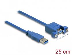 Delock Kábel, USB 3.0-s A típusú bementi csatlakozós > USB 3.0-s A-típusú csatlakozóhüvely, panelrögzítés, 25 cm (86994)