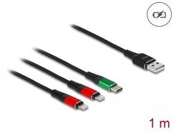 Delock 1 m hosszú, USB töltő kábel 3 az 1 A-típusú apa 2 x Lightning -, es USB Type-C csatlakozáshoz (86821)