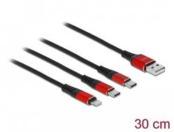Delock 30 cm hosszú, USB töltő kábel 3 az 1 A-típusú apa Lightning -, es 2 x USB Type-C csatlakozás (86708)