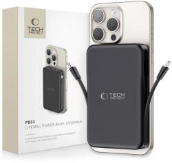 Tech-Protect LifeMag PB31 MagSafe Powerbank - 10000mAh 15W USB-C + USB-A + Beépített USB-C + Lightning Kábel - Fekete (5906302309269)