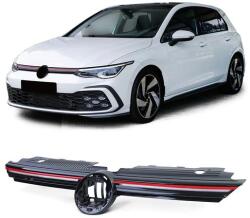 VW Volkswagen Golf VIII GTI stílusú lakkozott fekete világítós hűtőrács piros csíkkal (emblématartós)