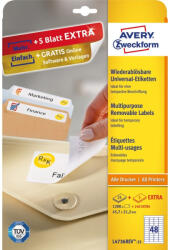 Avery Etikett címke, 45, 7 x21, 2mm, univerzális visszaszedhető, 48 címke/ív, 25 ív/doboz, Avery fehér (L4736REV-25) - bestoffice