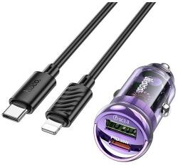 hoco. z53a autós töltő usb+type-c aljzat (5v/3a, 30w, pd gyorstöltő + type-c - lightning kábel) lila (Z53A_TYPE-C_LIGHTNING_P) - rufusz