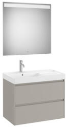 Roca Ona 2 fiókos mosdószekrény 80x46x64, 5 cm balos kerámia mosdóval és tükör LED világítással, homokszürke A851708510 (A851708510)