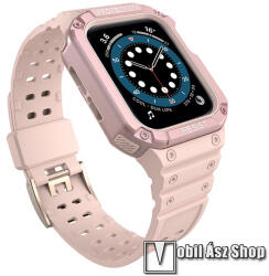 Okosóra szilikon szíj / műanyag tok - RÓZSASZÍN - műanyag bumper, 95mm+112mm hosszú, ERŐS VÉDELEM! - APPLE Watch Series 1/2/3 38mm / 4/5/6/SE 40mm / 7/8/9 41mm