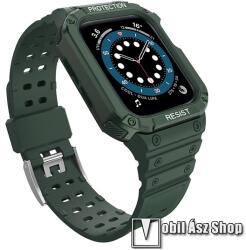  Okosóra szilikon szíj / műanyag tok - SÖTÉTZÖLD - műanyag bumper, 95mm+112mm hosszú, ERŐS VÉDELEM! - APPLE Watch Series 1/2/3 38mm / 4/5/6/SE 40mm / 7/8/9 41mm