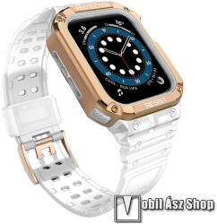 Okosóra szilikon szíj / műanyag tok - ÁTLÁTSZÓ / ROSE GOLD - műanyag bumper, 106mm+126mm hosszú, ERŐS VÉDELEM! - APPLE Watch Series 1/2/3 42mm / 4/5/6/SE 44mm / 7/8/9 45mm