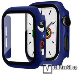 Apple Watch Series 7, 8, 9 45mm, Okosóra műanyag védőtok, keret, 9H edzett üvegfólia, Sötétkék