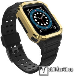 Okosóra szilikon szíj / műanyag tok - FEKETE / ARANY - műanyag bumper, 106mm+126mm hosszú, ERŐS VÉDELEM! - APPLE Watch Series 1/2/3 42mm / 4/5/6/SE 44mm / 7/8/9 45mm