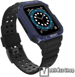  Okosóra szilikon szíj / műanyag tok - FEKETE / SÖTÉTKÉK - műanyag bumper, 106mm+126mm hosszú, ERŐS VÉDELEM! - APPLE Watch Series 1/2/3 42mm / 4/5/6/SE 44mm / 7/8/9 45mm