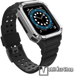 Okosóra szilikon szíj / műanyag tok - FEKETE / EZÜST - műanyag bumper, 95mm+112mm hosszú, ERŐS VÉDELEM! - APPLE Watch Series 1/2/3 38mm / 4/5/6/SE 40mm / 7/8/9 41mm