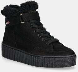 Tommy Hilfiger velúr bokacsizma FAUX FUR NUBUCK LOW LACE-UP fekete, téliesített, lapos talpú, FW0FW08172 - fekete Női 36