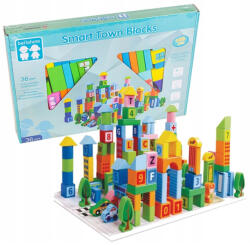 Beilaluna Set de cuburi din lemn pentru construit 100 de piese litere, numere, Oraselul inteligent. Smart Town Blocks (102788)