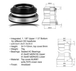 AUTHOR Kormánycsapágy Aco-hs40 A-head Integrált Alu. (1 1/8" / D: 41, 8mm/51, 8/39, 8mm), Fekete -