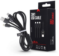 Maxlife USB töltő- és adatkábel 1 m-es vezetékkel - Maxlife 3in1 for Lightning/microUSB/Type-C USB Cable - 5V/2A - fekete - rexdigital