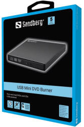 Sandberg Külső DVD +/- író/olvasó fekete, USB 2.0 + USB összekötő kábel (133-66) | 5 év garancia