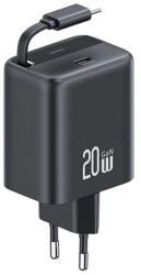USAMS CC233TC01 20W Type-C aljzat + csévélhető Type-C kábel GaN PD fekete hálózati töltő + Type-C kábel (CC233TC01)