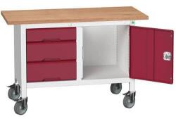 bott Verso Storage mobil műhelyasztal, 125 x 60 x 83 cm, multiplex, 3 fiók, 1 szekrény, szürke-piros