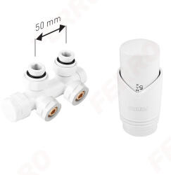 FERRO Polonia Set robinet dublu coltar pt. radiator tip-V cu alim. din perete, reversibil (stanga sau dreapta) si cap termostatat GT30, alb (ZTD30WH)