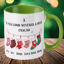 Deconline Crafts Egyedi neves karácsonyi bögre "Harisnyás család" 330 ml kerámia Zöld Full HD (DO129202-GREEN-MUG)