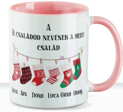 Deconline Crafts Egyedi neves karácsonyi bögre "Harisnyás család" 330 ml kerámia Rózsaszín Full HD (DO129202-PINK-MUG)