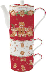Easy Life Porcelán bögreszett 2 db, 240ml, teáskannával 500ml, egymásba sorolós, dobozban, Fancy Gingerbread