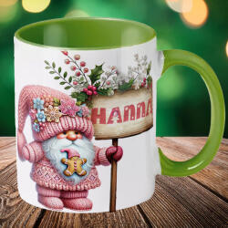 Deconline Crafts Egyedi neves karácsonyi bögre "Rózsaszín karácsonyi manó" 330 ml kerámia Zöld Full HD (DO129204-GREEN-MUG)