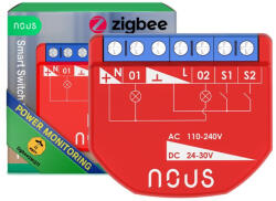 Nous B3Z okos Tuya Zigbee mini fogyasztásmérős kapcsolórelé modul, kapcsolóbemenettel, 2 áramkörös