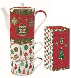 Easy Life Porcelán bögreszett 2 db, 240ml, teáskannával 500ml, egymásba sorolós, dobozban, Jingle Bells