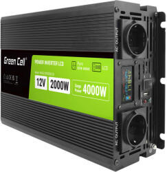 Green Cell Autós Inverter 12V-ról 230V-ra (feszültség növelő) 2000W/4000W Tiszta szinuszhullám INVGC12P2000LCD személyautóhoz, lakóautóhoz, lakókocsihoz (36659)