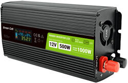 Green Cell Autós Inverter 12V-ról 230V-ra (feszültség növelő) 500W/1000W Tiszta szinuszhullám INVGC12P500LCD személyautóhoz, lakóautóhoz, lakókocsihoz (36658)