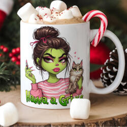 Deconline Customs Egyedi feliratos karácsonyi bögre "Grincs lány cicával" pufi hatású (DO129213-CERAMIC-MUG)