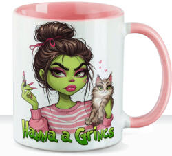 Deconline Customs Egyedi feliratos karácsonyi bögre "Grincs lány cicával" pufi hatású rózsaszín bögre (DO129213-PINK-MUG)