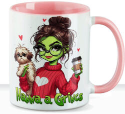 Deconline Customs Egyedi feliratos karácsonyi bögre "Grincs lány kutyával" pufi hatású rózsaszín bögre (do129214-PINK-MUG)