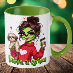 Deconline Customs Egyedi feliratos karácsonyi bögre "Grincs lány kutyával" pufi hatású zöld bögre (do129214-GREEN-MUG)
