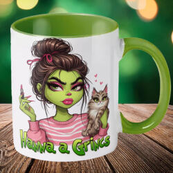 Deconline Customs Egyedi feliratos karácsonyi bögre "Grincs lány cicával" pufi hatású zöld bögre (DO129213-GREEN-MUG)
