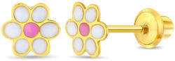 Bebe Gold Cercei din Aur 14K pentru Copii, model Daisy Floare cu Email Roz, inchidere cu Filet si Protectie