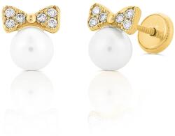 Bebe Gold Cercei Copii din Aur 14K, model Perla de Cultura 5mm si Funda cu Pietre CZ albe, inchidere cu Filet si Protectie