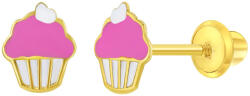 Bebe Gold Cercei din Aur 14K pentru Copii, model Cupcake cu Email Roz si Alb, inchidere cu Filet si Protectie