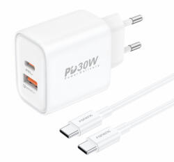FONENG EU52 fali töltő - USB + Type-C - QC 3.0 PD 30W Type-C to Type-C kábellel fehér