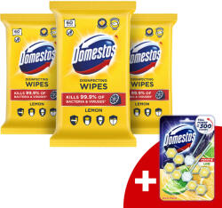 Domestos Higiénikus Törlőkendő Lemon 3x60db + Ajándék Domestos WC rúd