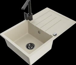 Mexen Bruno, gránit mosogató 795x495x200 mm, 1 kamrás, bézs fekete szifonnal és fekete Rita mosogató csapteleppel, 6513-69-670300-70 (6513-69-670300-70)