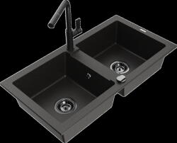 Mexen Mario, 2-kamrás gránit mosogató 820x436x161 mm és Flora mosogató csaptelep, fekete-arany metál, 6504-75-670401-70-B (6504-75-670401-70-B)
